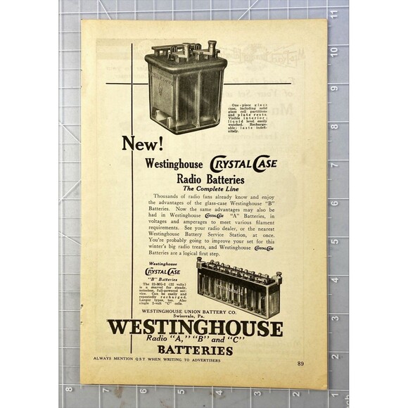Westinghouse Crystal Case Radio Batteries "The Complete Line" Vtg Print Ad 1923 - Picture 2 of 3